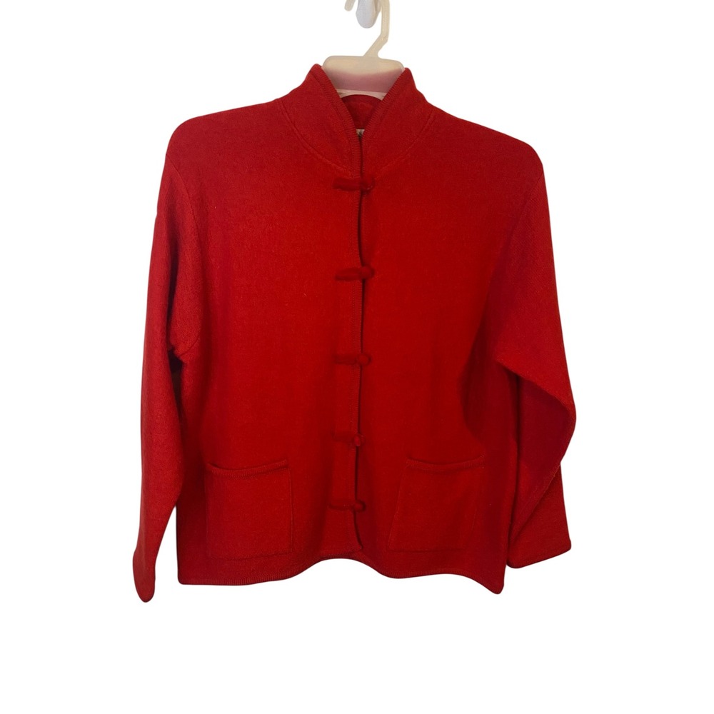 Marisa Christina Red 100% Wool Mock Neck Frog Toggle Cardigan Sweater Large